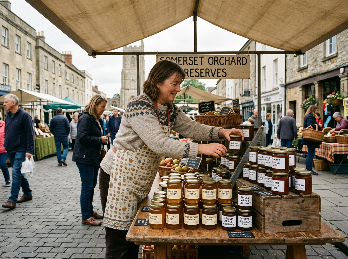 A stallholder arranging jars of honey and chutney at an outdoor farmers market